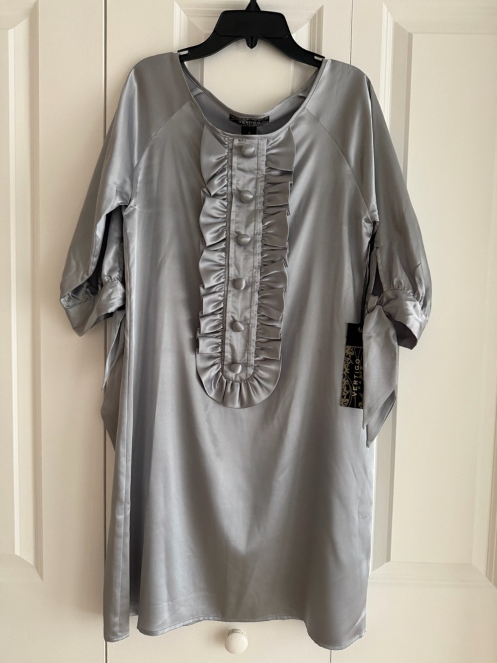 NWT Vertigo Paris Silver Satin Mini Dress Ruffle Button Front Tie Sleeve Size S